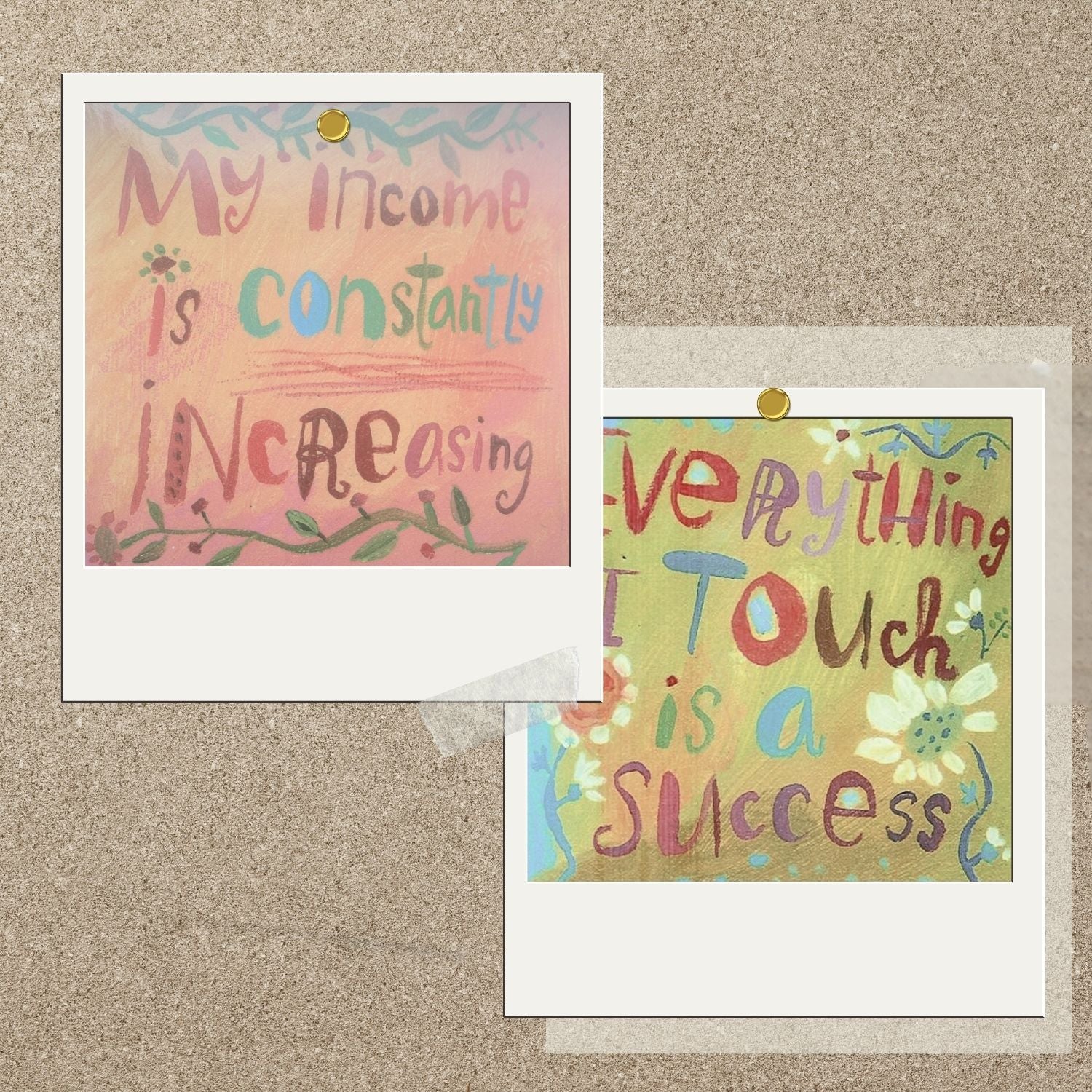 Vintage Louise Hay affirmation cards displayed as inspiration, featuring hand-painted messages about income, success, and abundance.