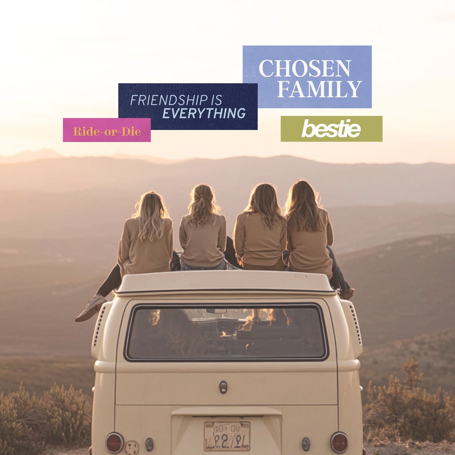 Group of friends sitting together on a car at sunset representing love, family, friendship, and meaningful connection.