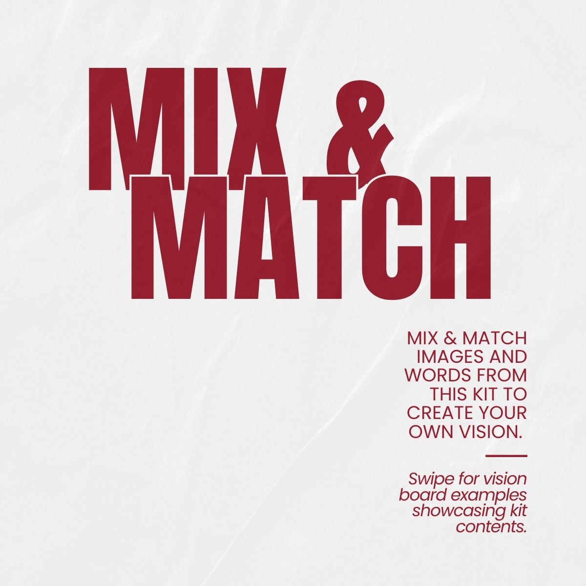 Love and Family Volume One mix and match vision board kit page featuring bold “Mix & Match” typography, encouraging users to combine images and words to create a heartfelt, relationship focused vision board.