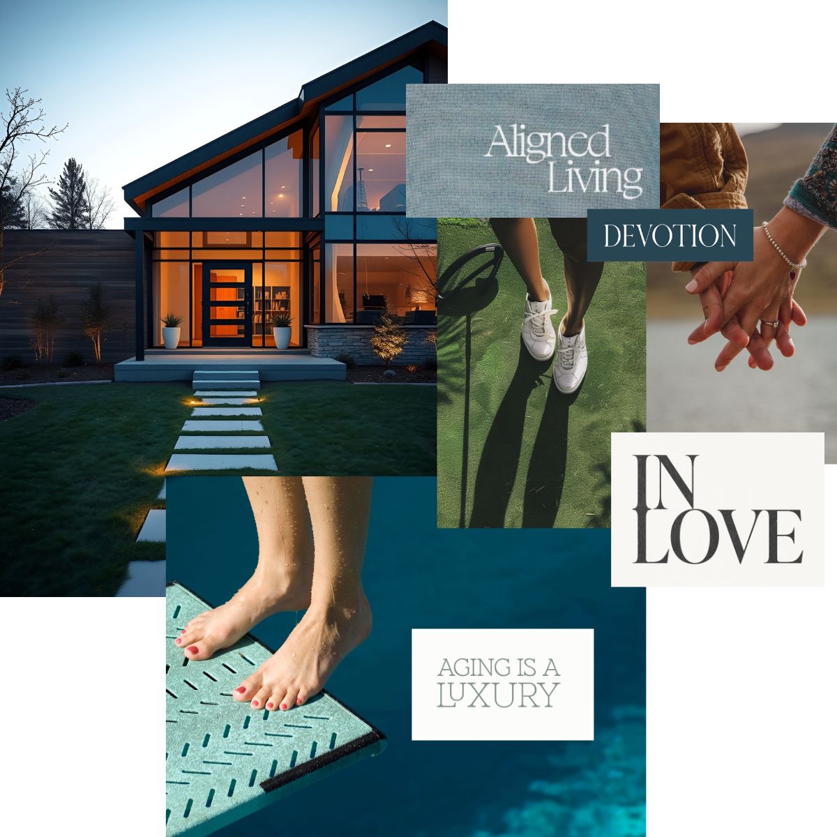 Stylized vision board collage featuring modern home design, intimate connection, wellness rituals, and leisure moments, expressing aligned living across love, home, and health in a Shop the Look aesthetic.