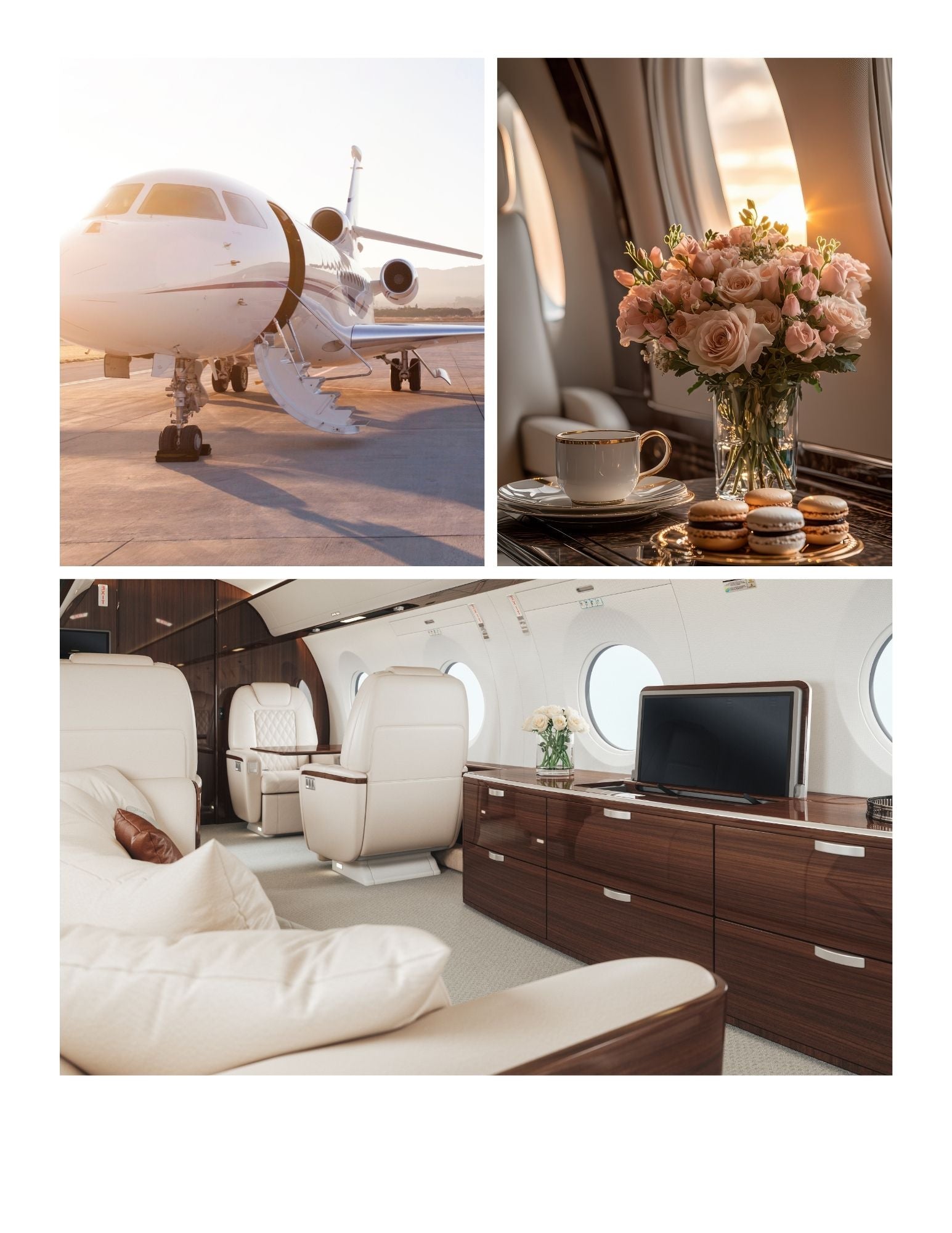 Luxury lifestyle collage featuring a private jet, elegant in-flight dining, and upscale jet interior representing wealth, travel goals, and vision board manifestation.