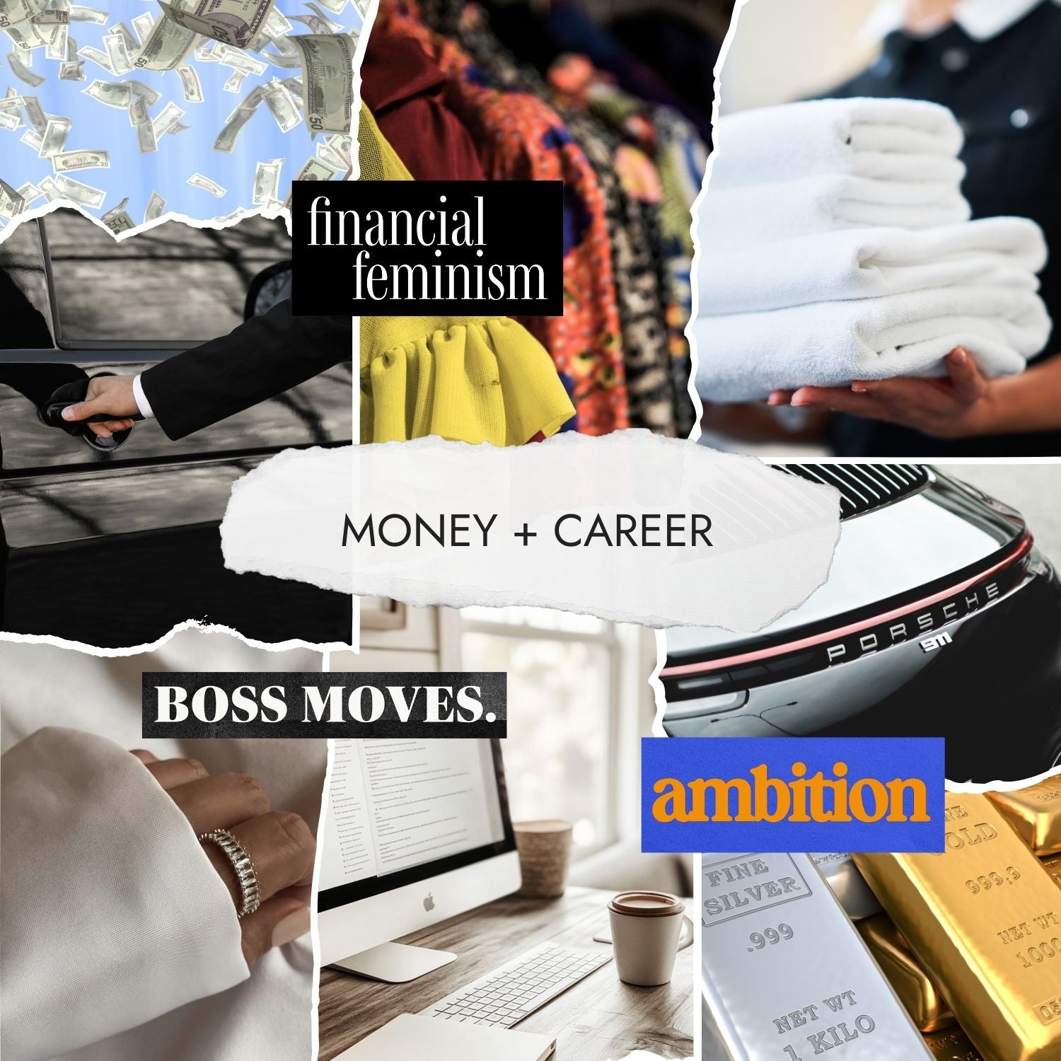 Editorial collage representing money and career through ambition, leadership, financial independence, empowered work, and modern success.