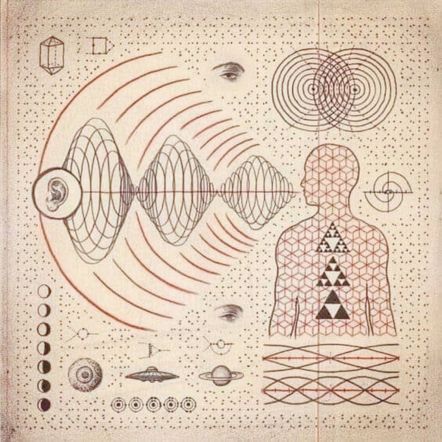 Illustrative diagram inspired by quantum physics and energetic frequency, symbolizing how vibration and consciousness influence human experience.