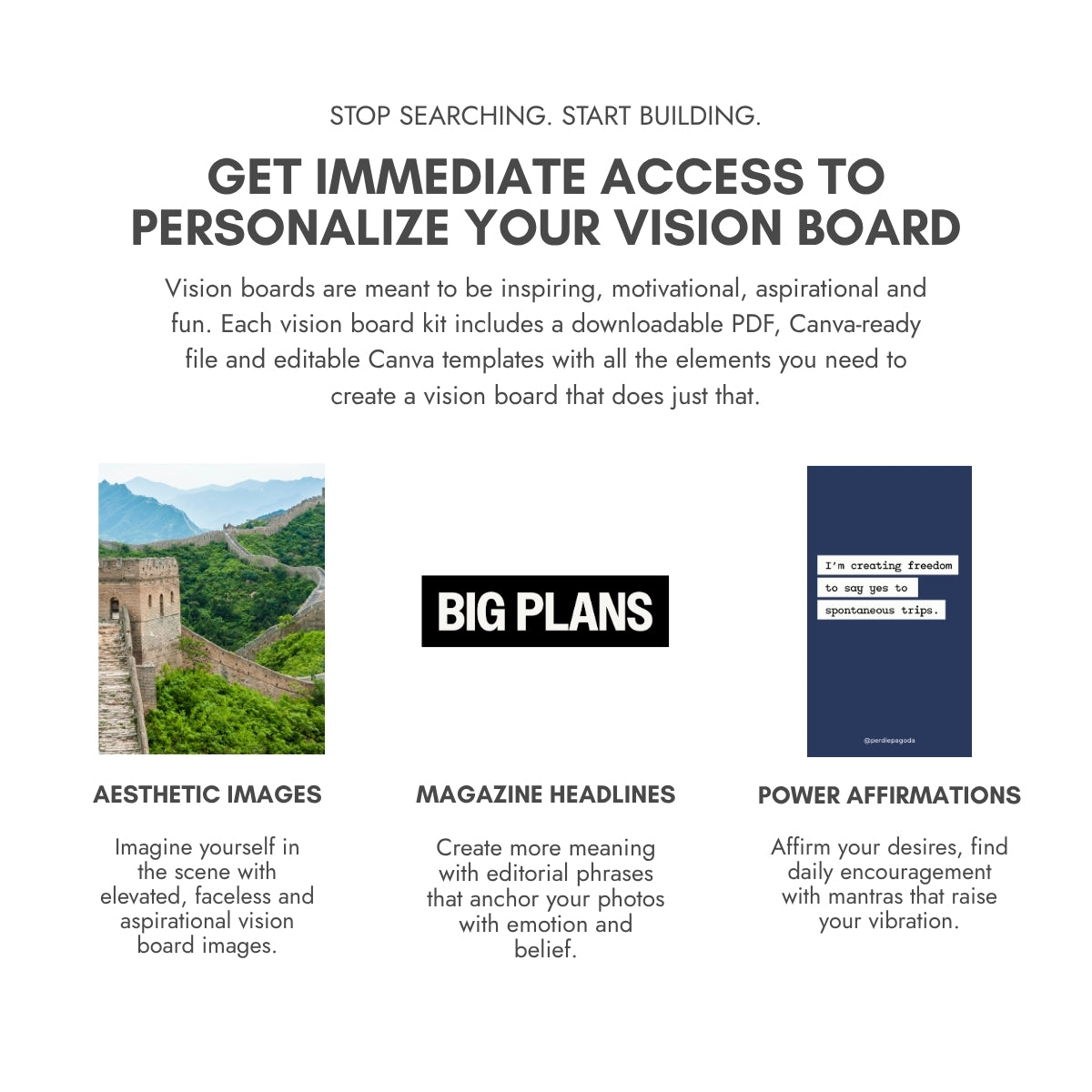 Perdie Pagoda Travel + Adventure Volume 1 vision board kit featuring a scenic lakeside doorway, Never a Dull Moment magazine headline and an affirmation about creating memorable travel experiences.