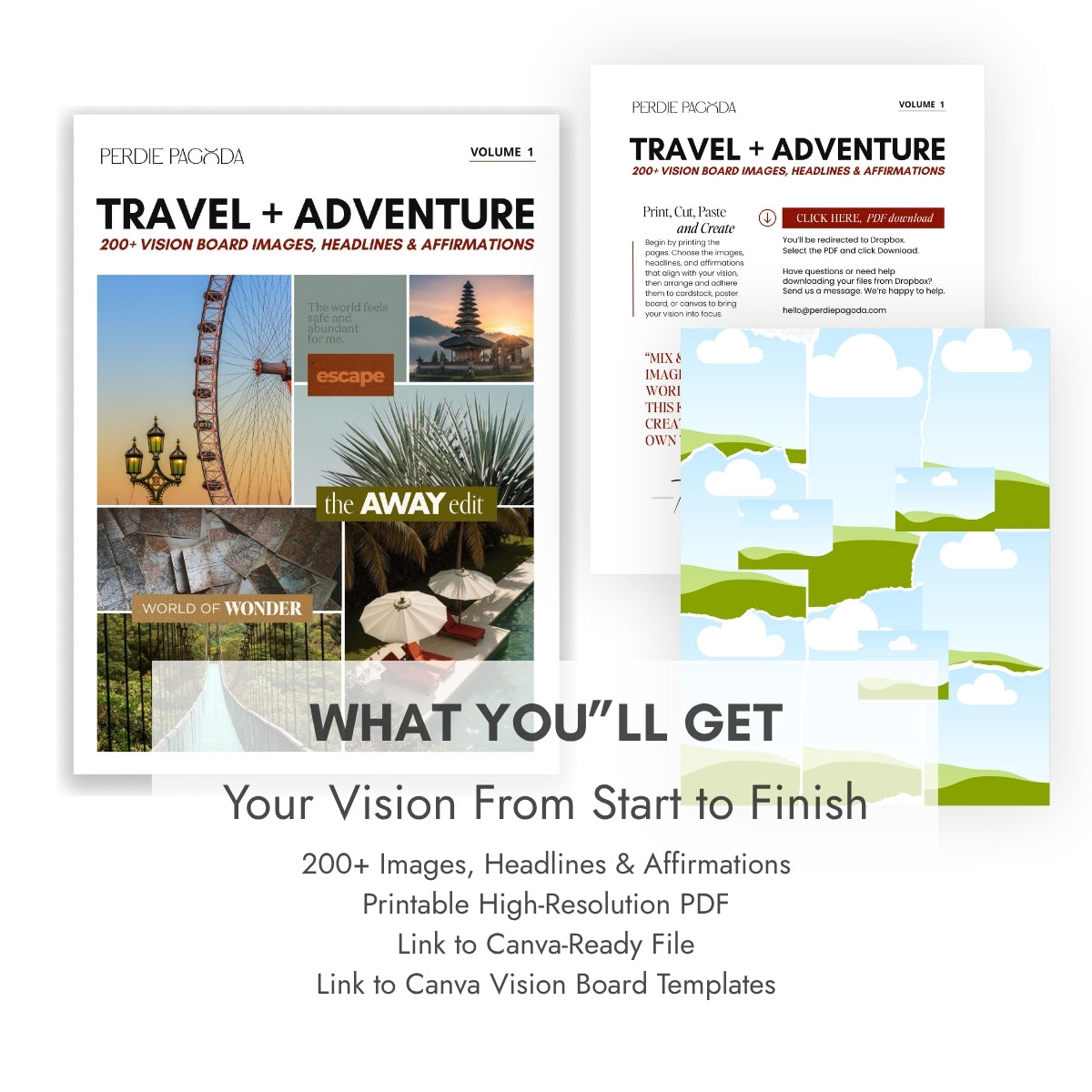 Perdie Pagoda Travel + Adventure Volume 1 D-I-Y vision board kit featuring 200+ travel images, headlines and affirmations, a printable high-resolution PDF, Canva-ready file and editable Canva vision board templates.