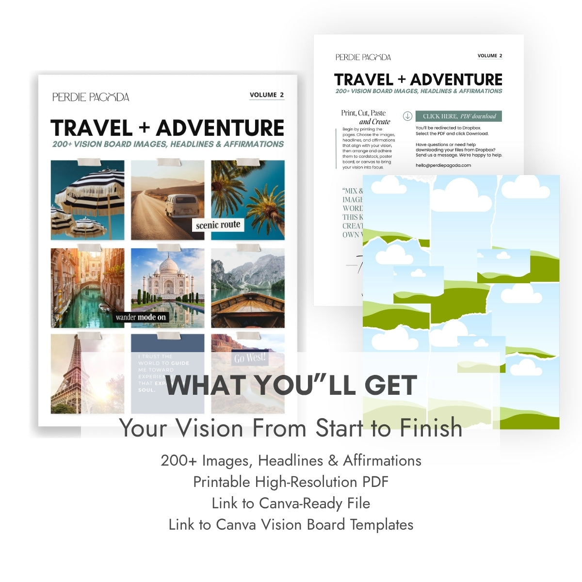 Perdie Pagoda Travel + Adventure Volume 2 D-I-Y vision board kit featuring 200+ travel images, headlines and affirmations, a printable high-resolution PDF, Canva-ready file and editable Canva vision board templates.