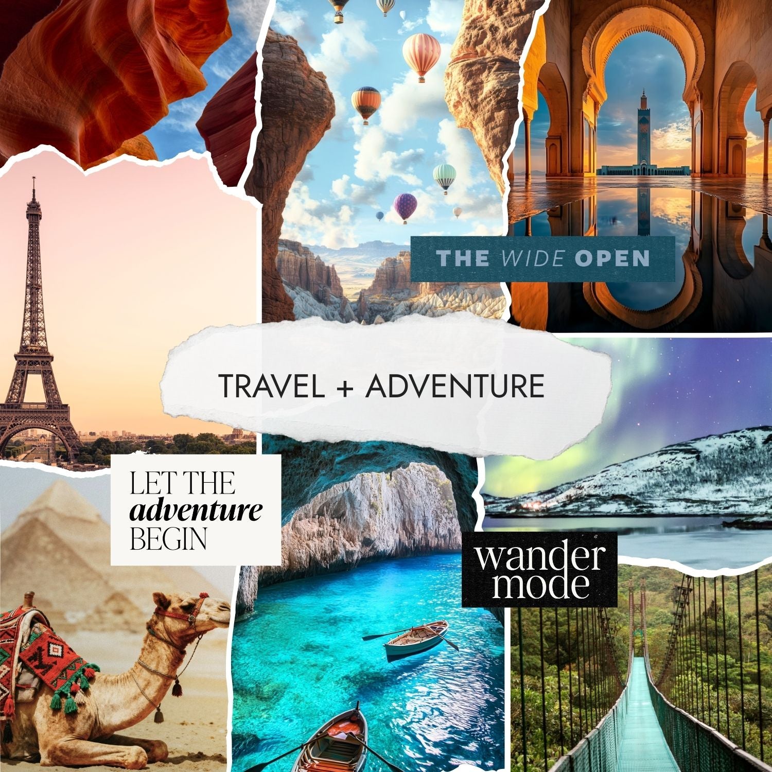 Editorial collage representing travel and adventure through global destinations, exploration, cultural landmarks, and a sense of open possibility.