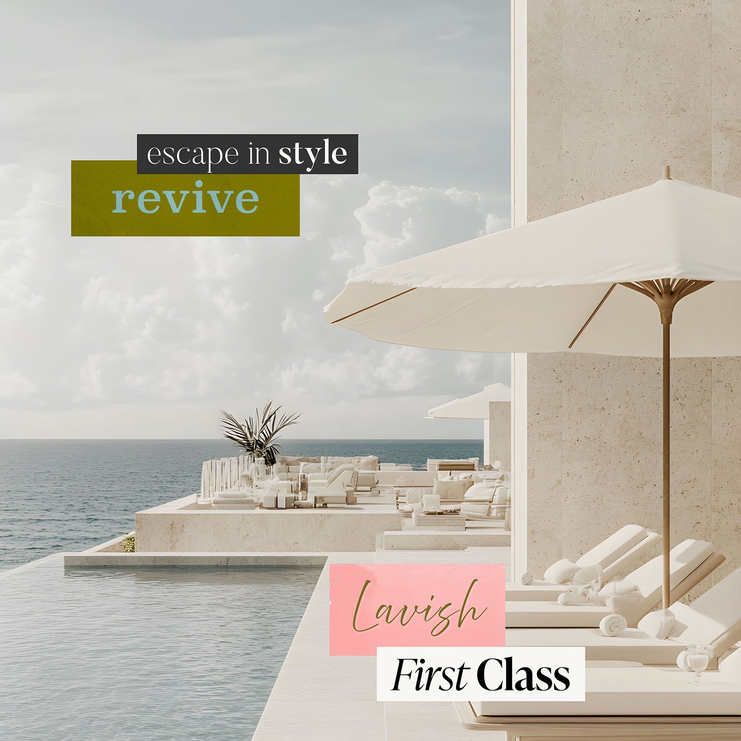 Luxury oceanfront resort with lounge chairs and umbrellas overlooking the sea, representing travel, adventure, and dream vacation lifestyle.