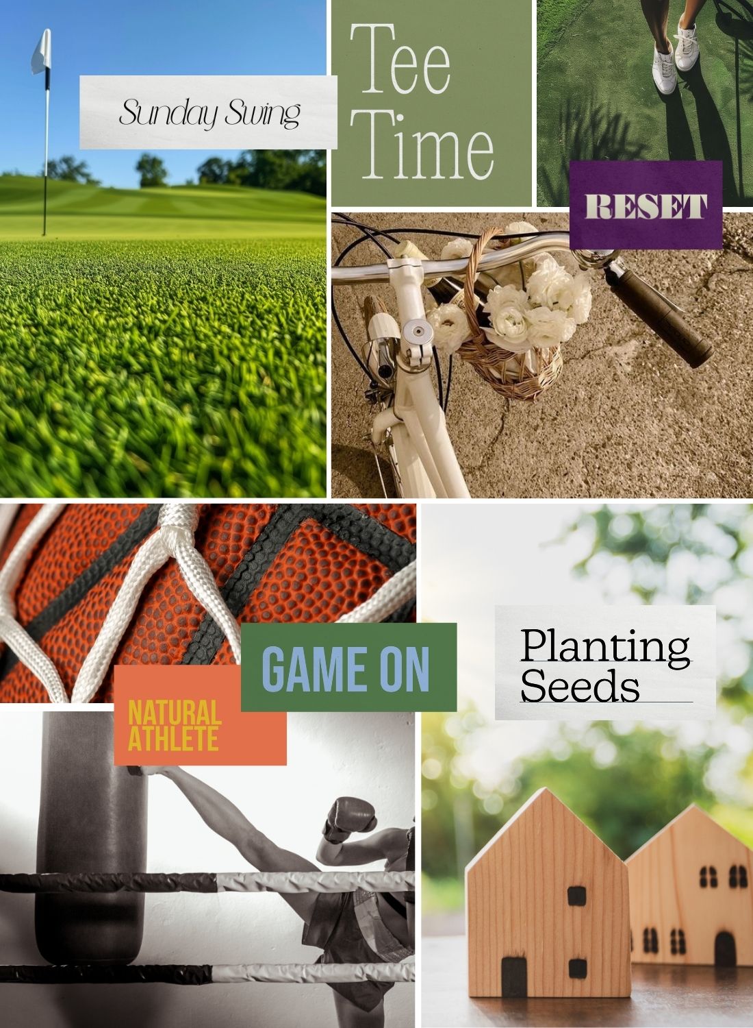 Vision board collage featuring golf greens, athletic energy, home ownership symbols, and lifestyle reset themes for hobbies and homelife goals.