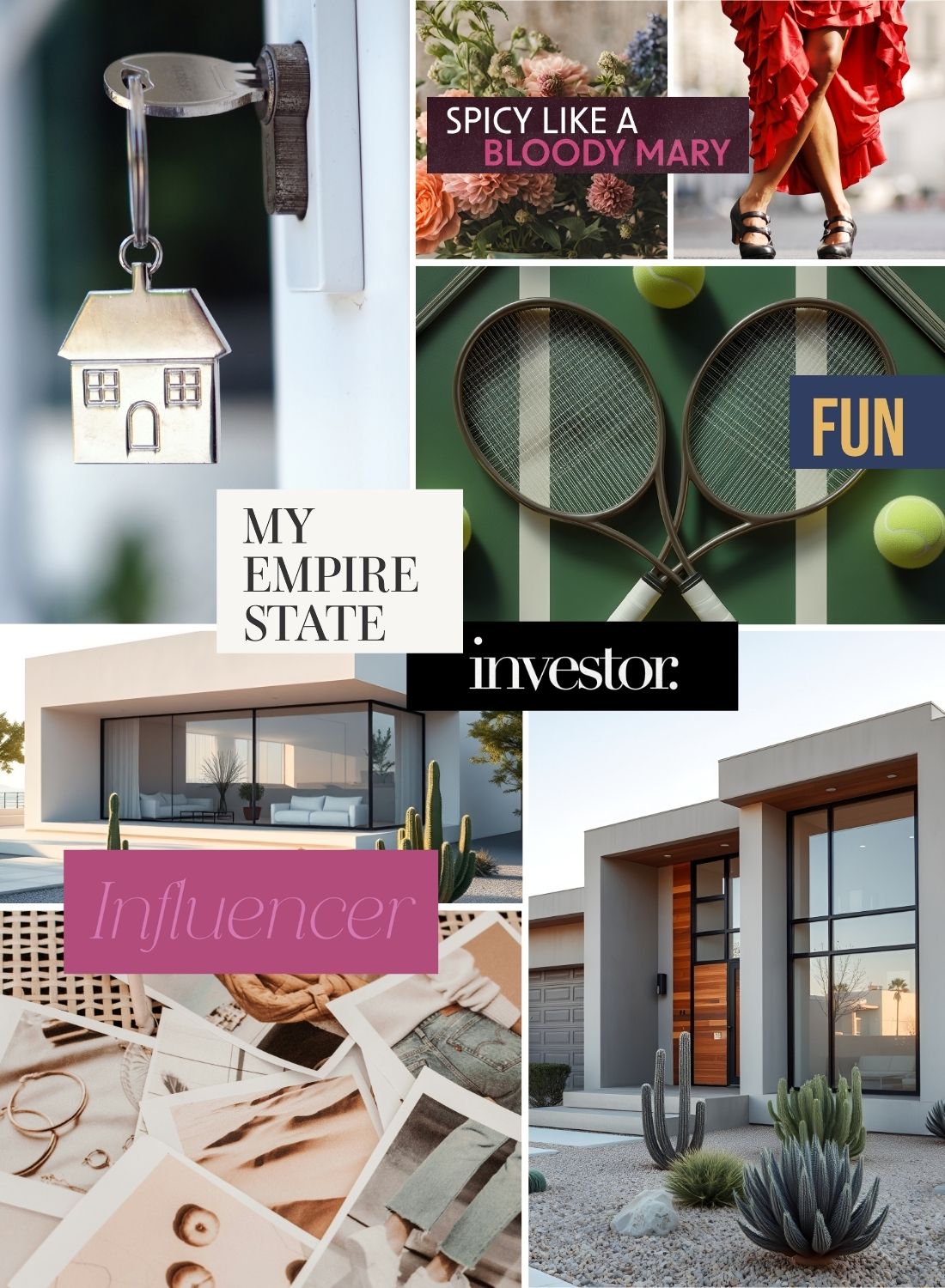 Vision board collage featuring home ownership symbolism, modern architecture, creative hobbies, and words like influencer, investor, and my empire state, representing aspirational hobbies and elevated home life goals.