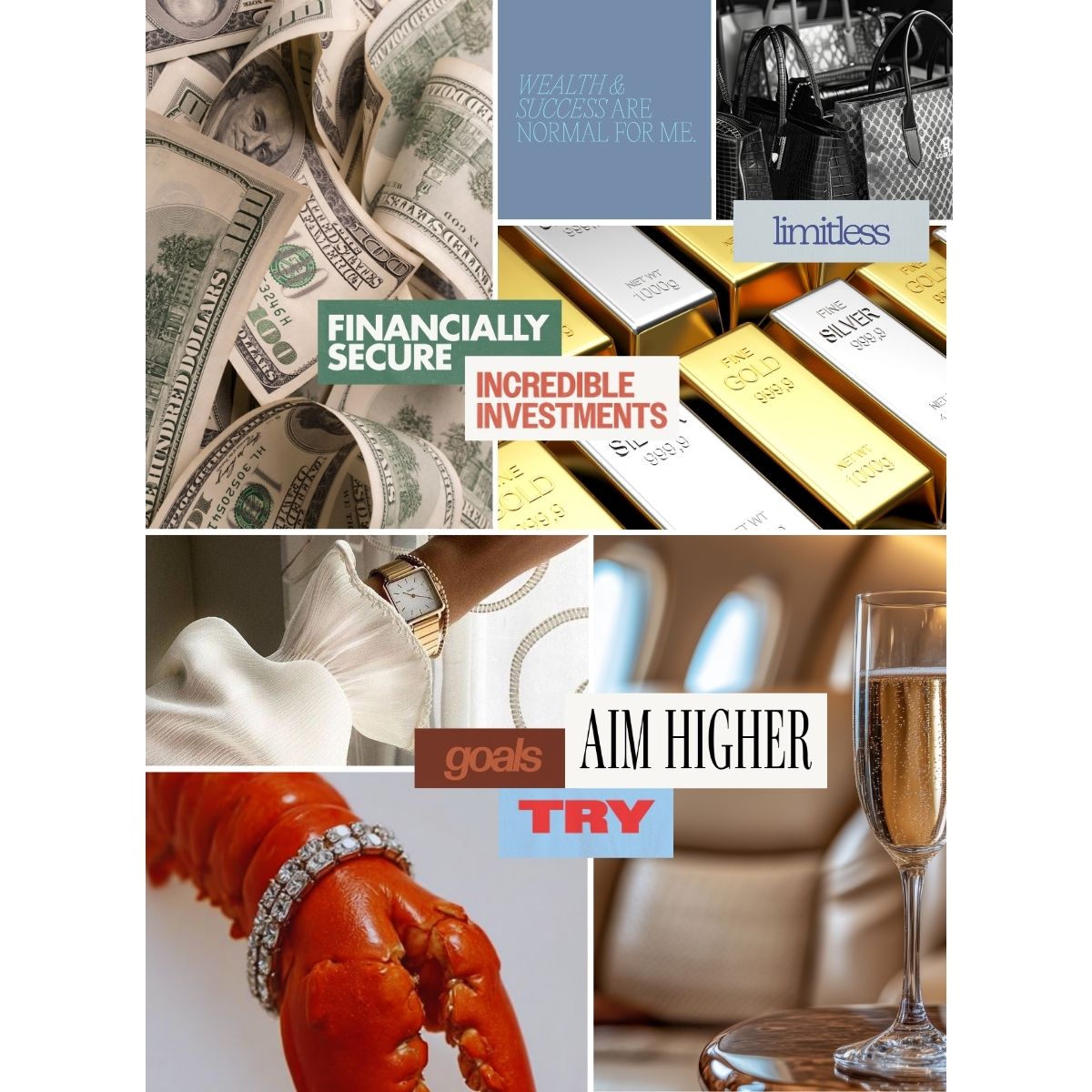 Vision board collage featuring money, investments, and financial growth with themes of wealth building, financial security, and limitless success.