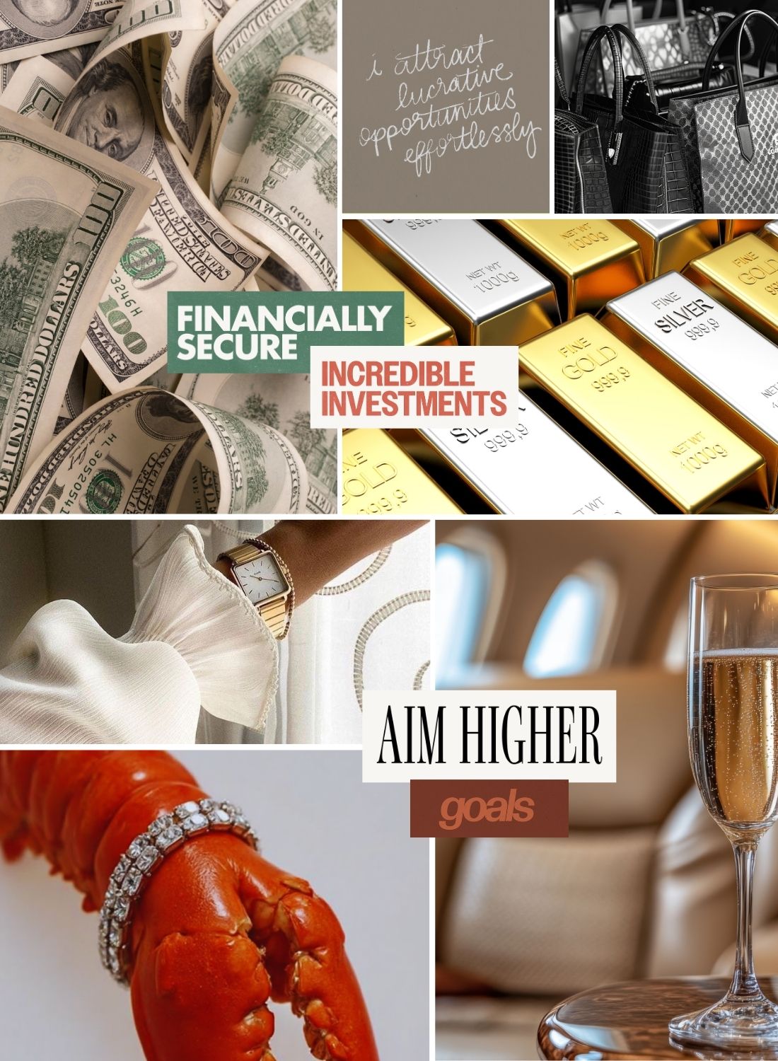 Luxury collage featuring cash, gold and silver bars, designer accessories, champagne, and affirmations about financial security, investments, and aiming higher.