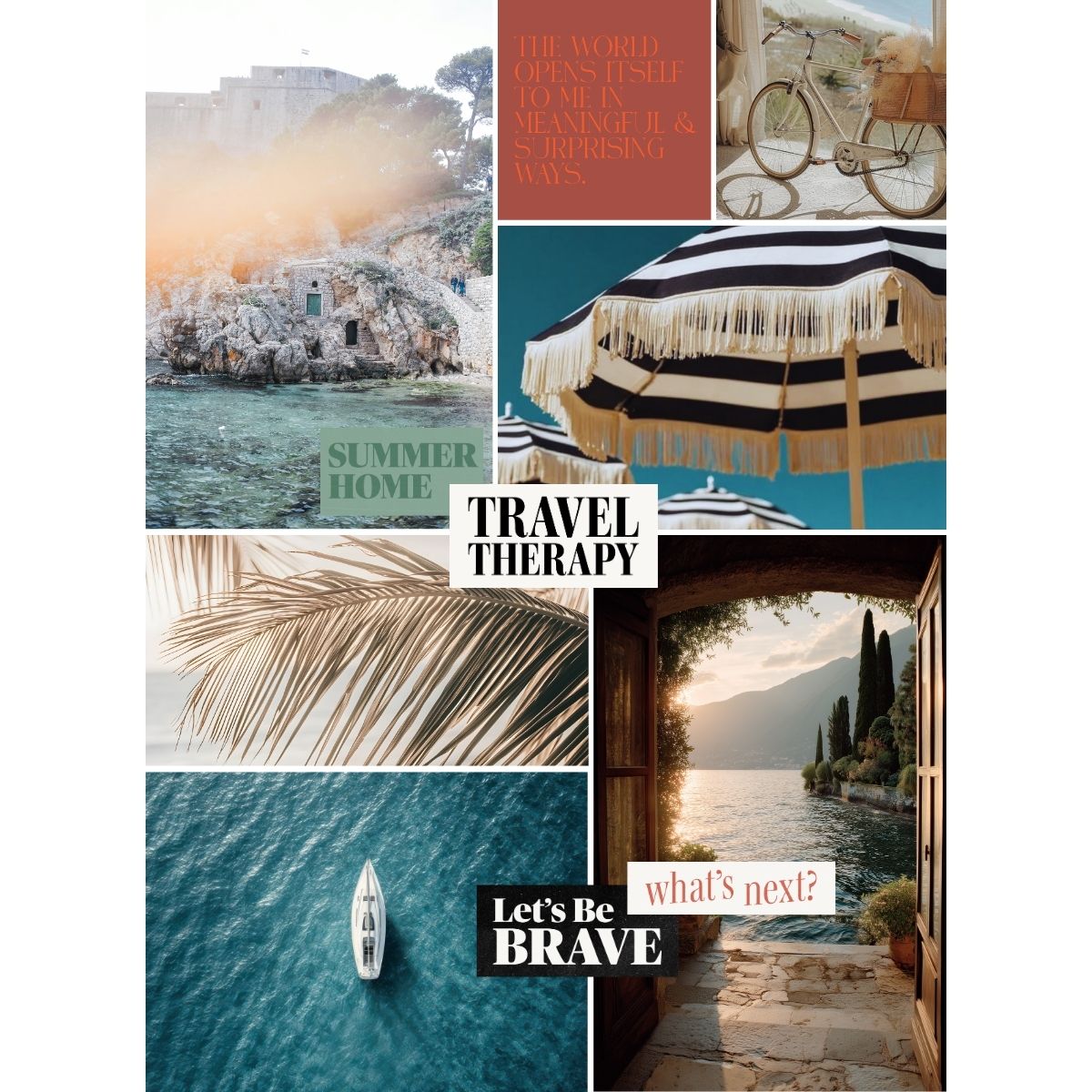 Travel and Adventure vision board collage featuring coastal escapes, summer homes, ocean views, and the phrase travel therapy, inspiring restorative travel and soulful exploration.