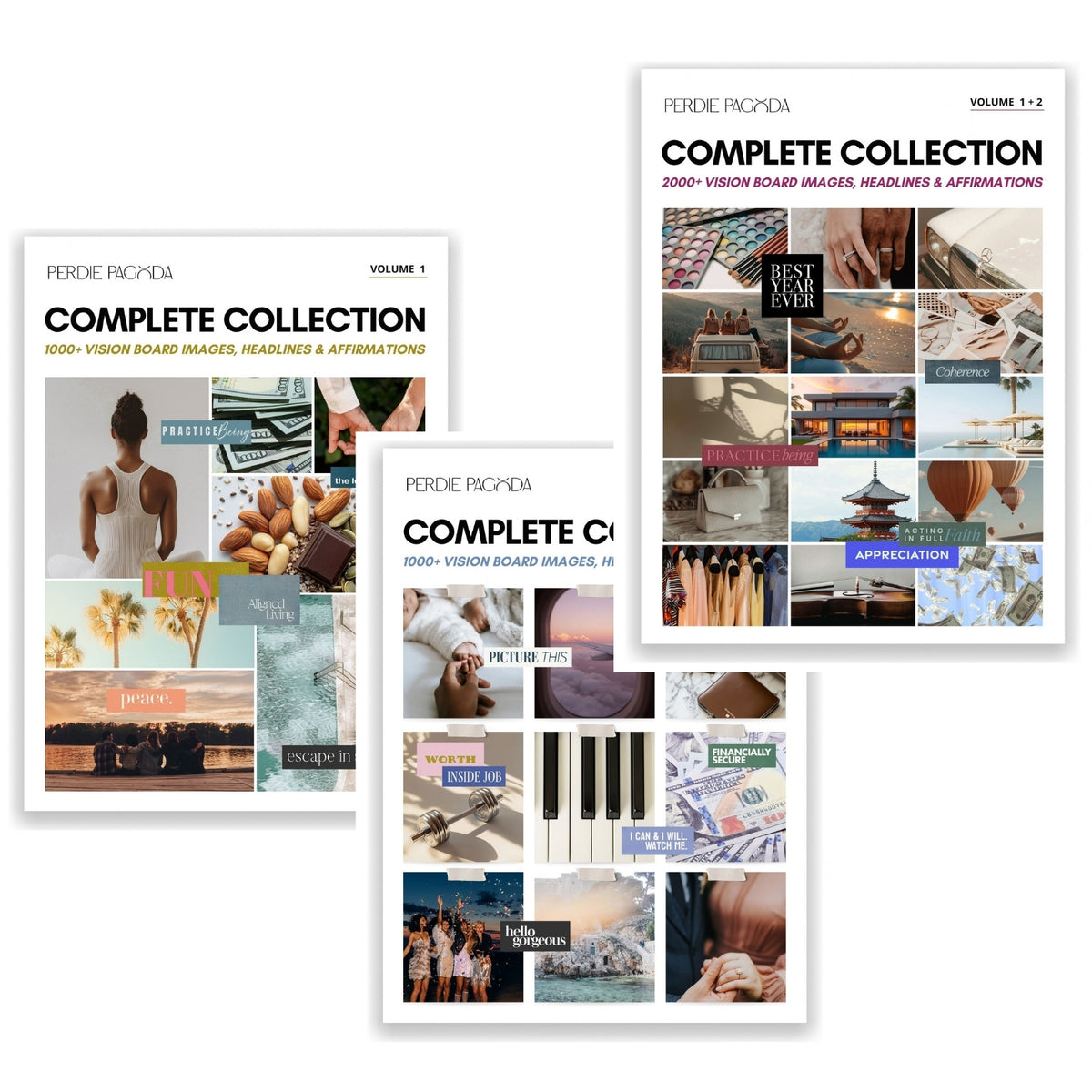 Perdie Pagoda Complete Collection vision board kit covers featuring Volumes 1 and 2 with 2000+ curated images, headlines and affirmations for printable and digital vision boards.