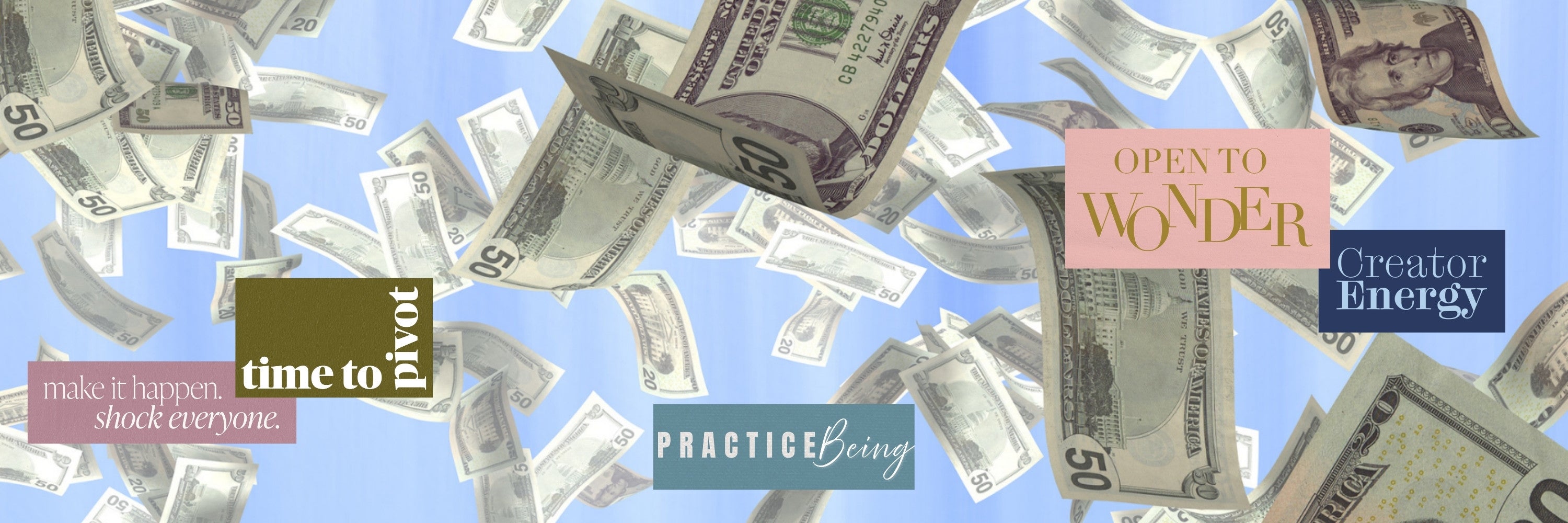 Floating dollar bills and motivational phrases representing money manifestation, abundance mindset, and digital vision board kits.