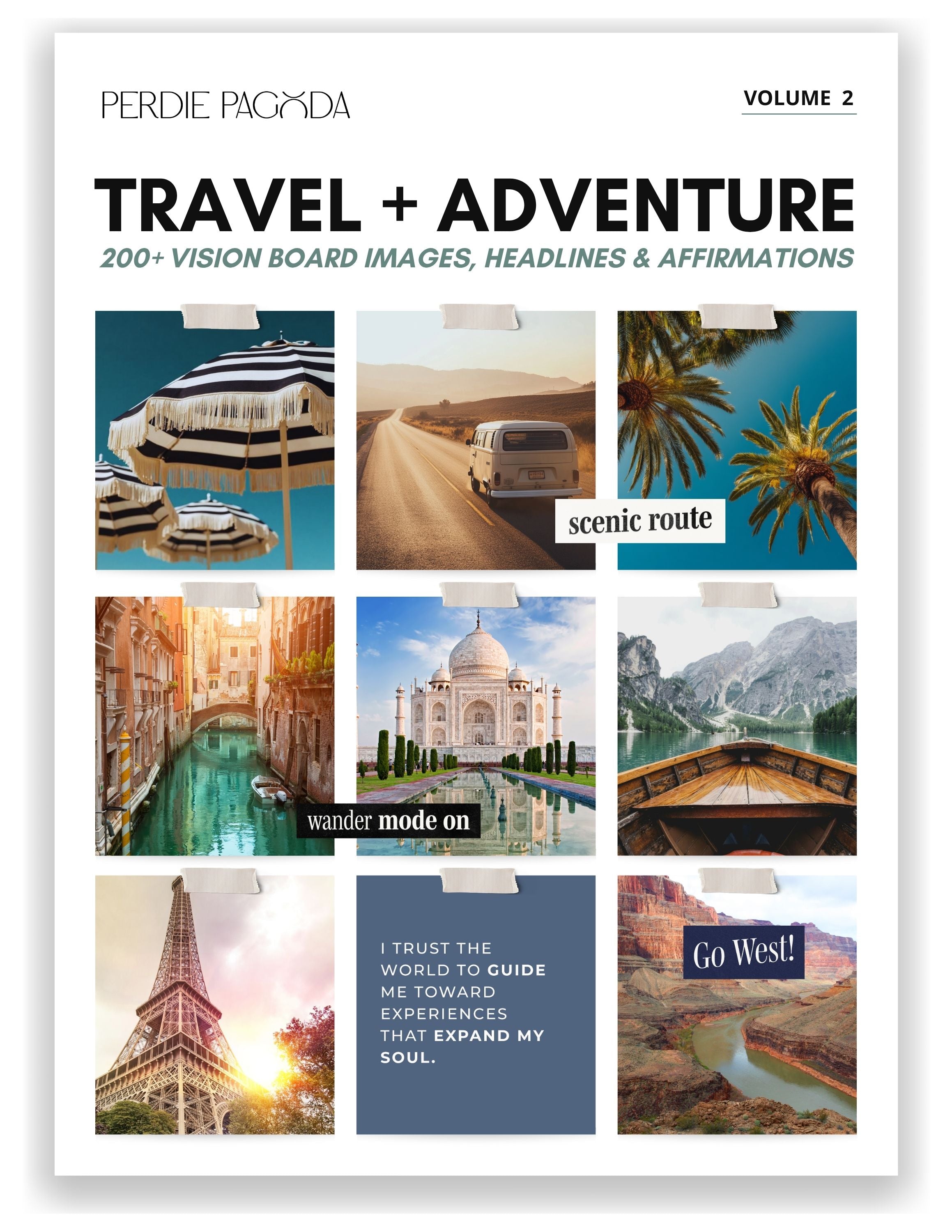Travel and adventure vision board kit Volume 2 by Perdie Pagoda featuring scenic routes, iconic landmarks, tropical escapes, and affirmations that inspire exploration and freedom.