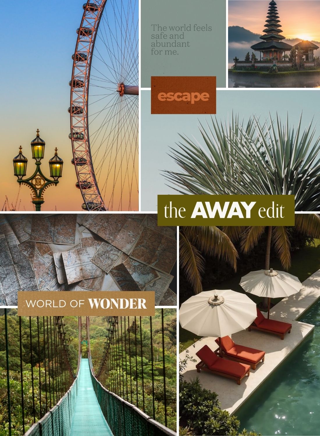 Travel and adventure vision board collage featuring global destinations, maps, landmarks, and the phrase “world of wonder,” inspiring exploration and curiosity.