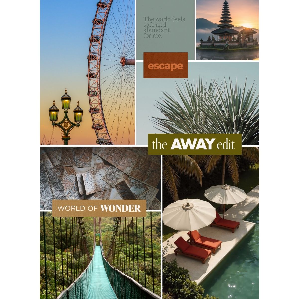 Travel and adventure vision board collage featuring global destinations, maps, landmarks, and the phrase “world of wonder,” inspiring exploration and curiosity.