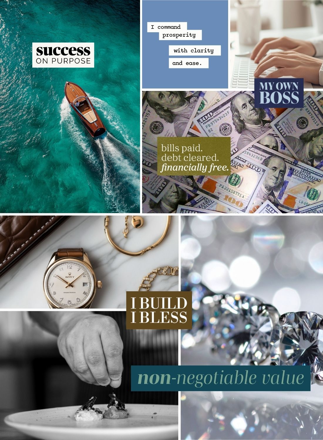 Wealth and success vision board imagery showing a luxury boat, cash affirmations, fine jewelry, diamonds, and messages centered on prosperity, financial freedom, value, and abundance.