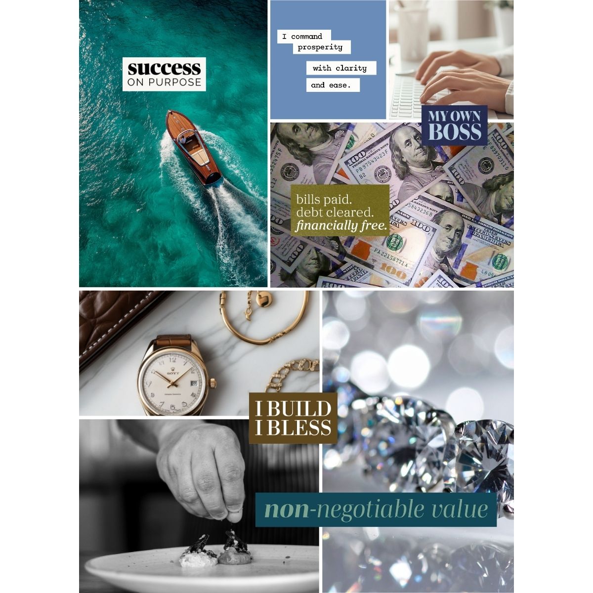 Wealth and success vision board imagery showing a luxury boat, cash affirmations, fine jewelry, diamonds, and messages centered on prosperity, financial freedom, value, and abundance.