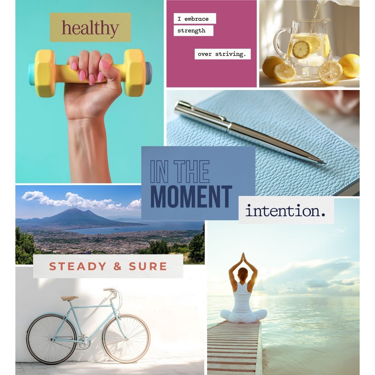 Health and spirituality vision board example from Perdie Pagoda volume one featuring wellness, mindfulness, healthy habits, meditation, and balanced lifestyle affirmations.