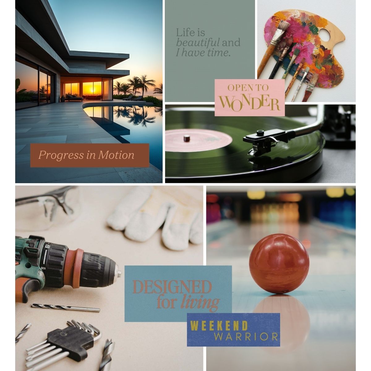 Hobbies and homelife vision board example from Perdie Pagoda volume one featuring creative hobbies, home inspiration, art, music, and lifestyle affirmations.