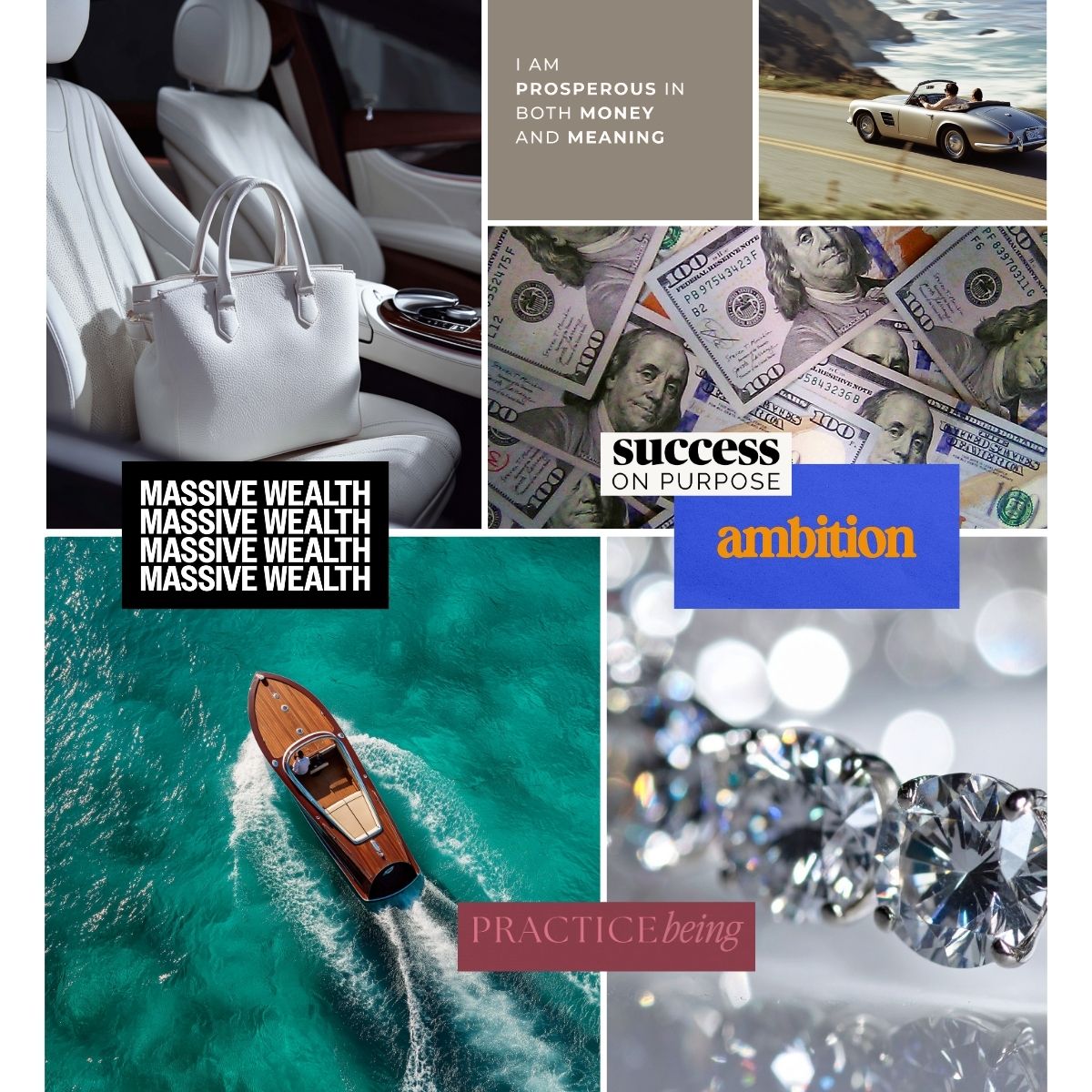 Money and career vision board example from Perdie Pagoda volume one featuring luxury lifestyle, wealth, financial success, ambition, and abundance affirmations.