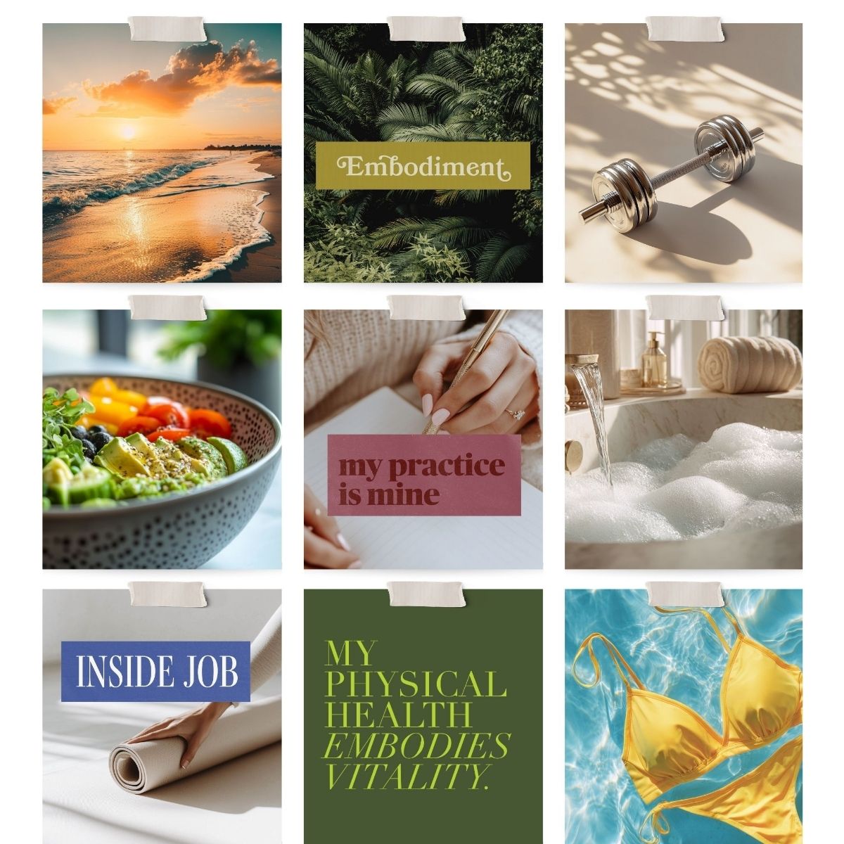 Health and spirituality vision board example from Perdie Pagoda volume two featuring wellness, mindfulness, self care, healthy habits, fitness, and spiritual growth imagery with affirmations.
