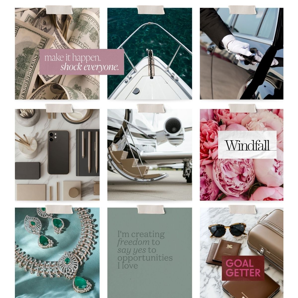 Money and career vision board example from Perdie Pagoda volume two featuring wealth, financial success, luxury lifestyle, business goals, and abundance affirmations.