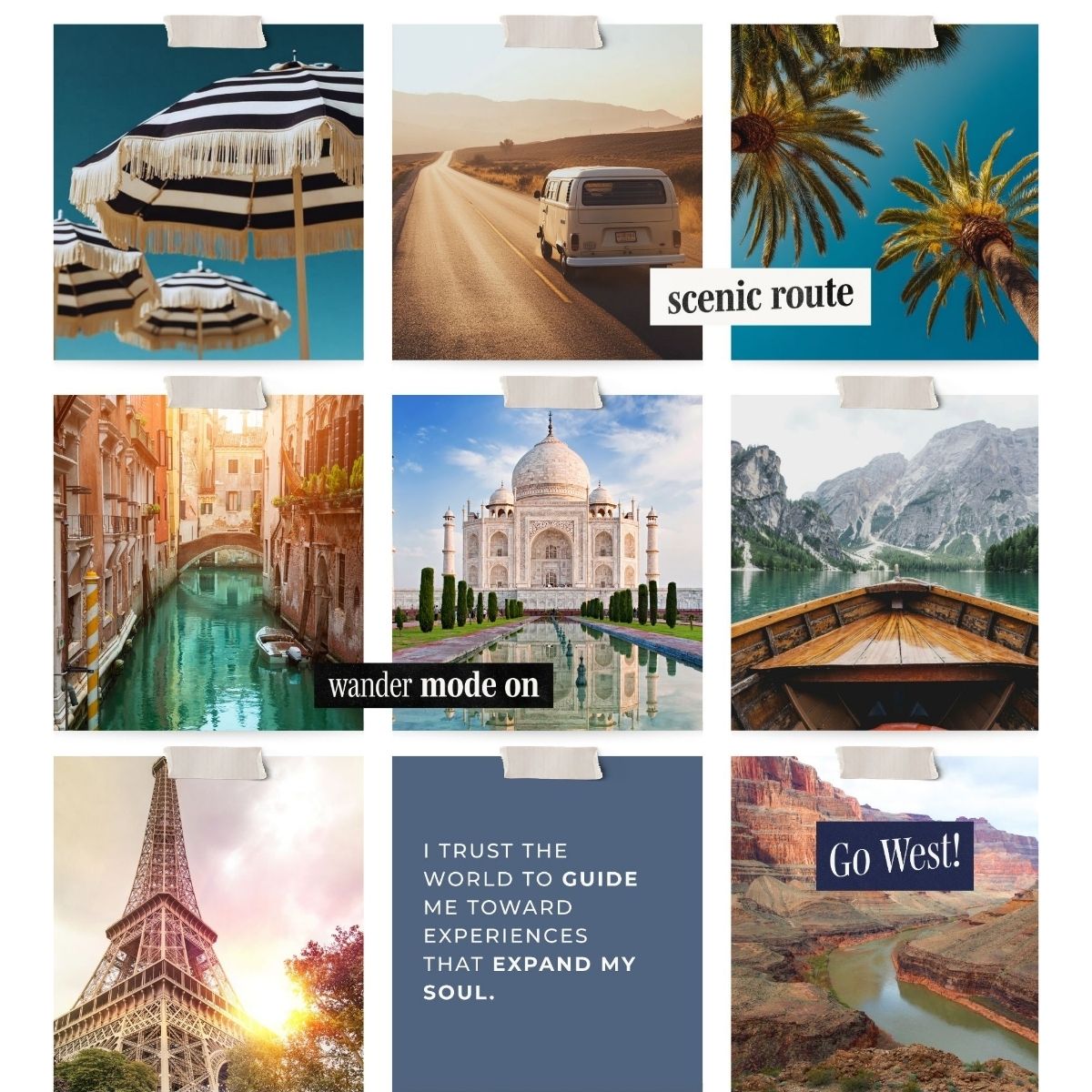 Travel and adventure vision board example from Perdie Pagoda volume two featuring wanderlust destinations, scenic travel, luxury vacations, and inspirational travel affirmations.