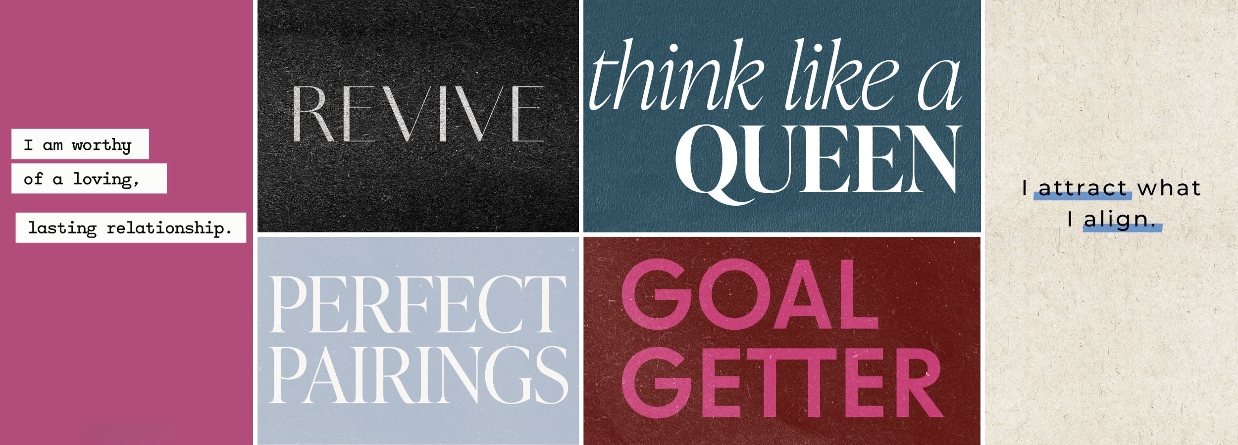 Editorial collage of modern affirmation phrases and empowering typography, representing mindset shifts, personal growth, and intentional living explored through Perdie Pagoda blog content.