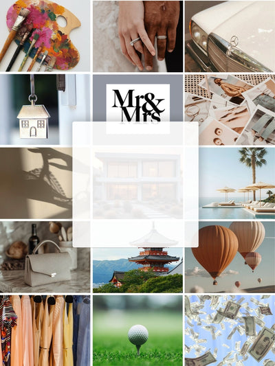 Soft moving collage of elevated lifestyle imagery representing wellness, abundance, travel, love, and intentional living across all life areas.