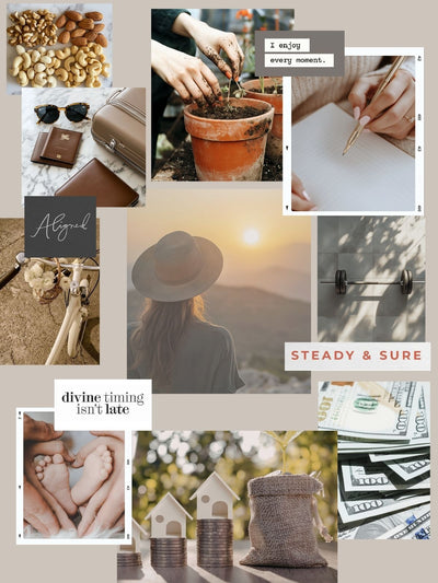 Neutral-toned moving vision board collage featuring luxury lifestyle moments, wellness, travel, relationships, and abundance in an editorial magazine style.