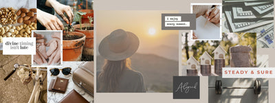Neutral-toned moving vision board collage featuring luxury lifestyle moments, wellness, travel, relationships, and abundance in an editorial magazine style.