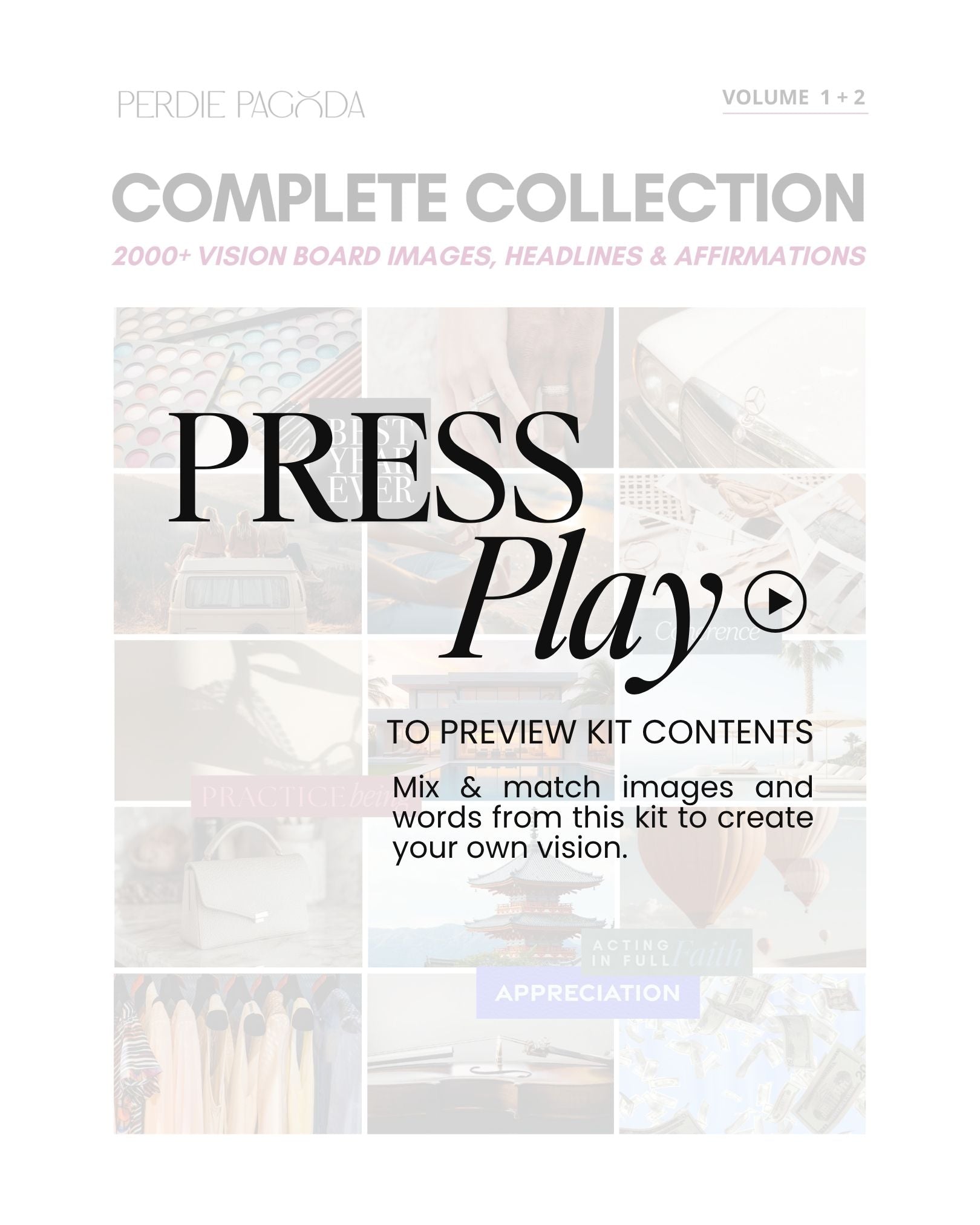 Preview video of Perdie Pagoda complete vision board kit volumes one and two showcasing sample pages with images, headlines, and affirmations for manifestation, goal setting, and vision board creation.