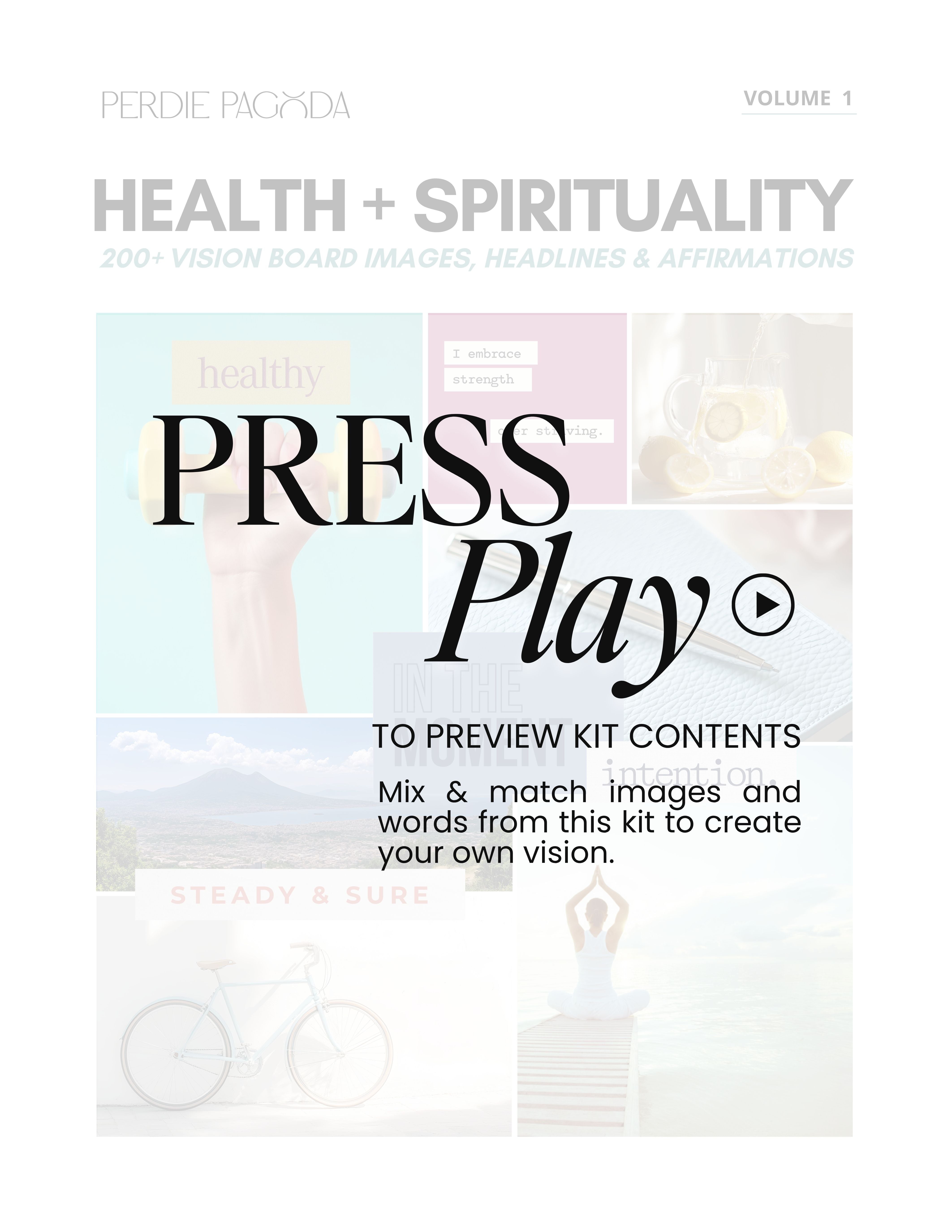 Video preview of the Health and Spirituality vision board kit contents, featuring curated imagery, affirmations, and headlines focused on wellness, movement, faith, balance, and aligned living.