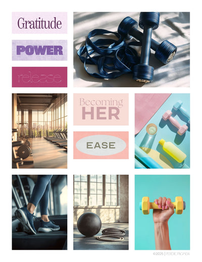 Video preview of the Health and Spirituality vision board kit contents, featuring curated imagery, affirmations, and headlines focused on wellness, movement, faith, balance, and aligned living.