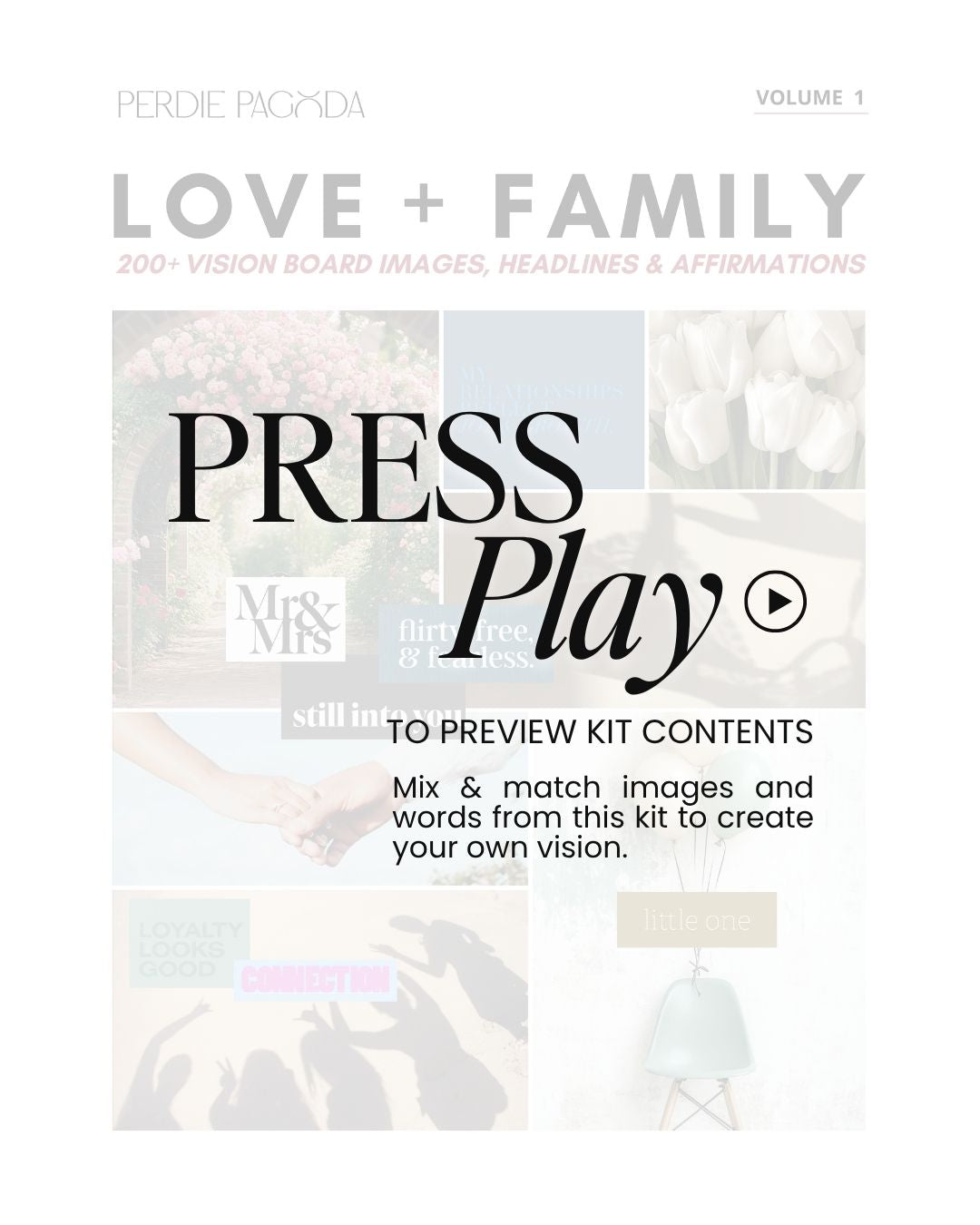Preview video of Love and Family Volume One vision board kit, showcasing curated imagery, headlines, and affirmations centered on romance, partnership, and emotional connection.