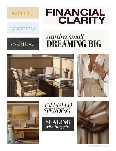 Luxury-inspired vision board cover for Money and Career Volume One, featuring refined workspaces, neutral fashion details, and elevated financial clarity imagery.